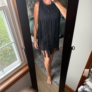 TCEC Black Halter Tiered Fringe Mini Dress